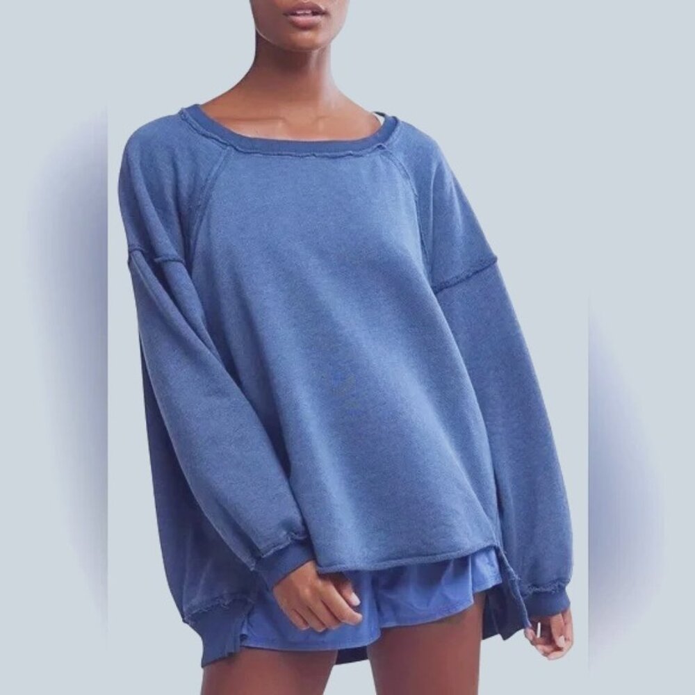 Free People Washed Blue Oversized Pullover Sweatshirt
